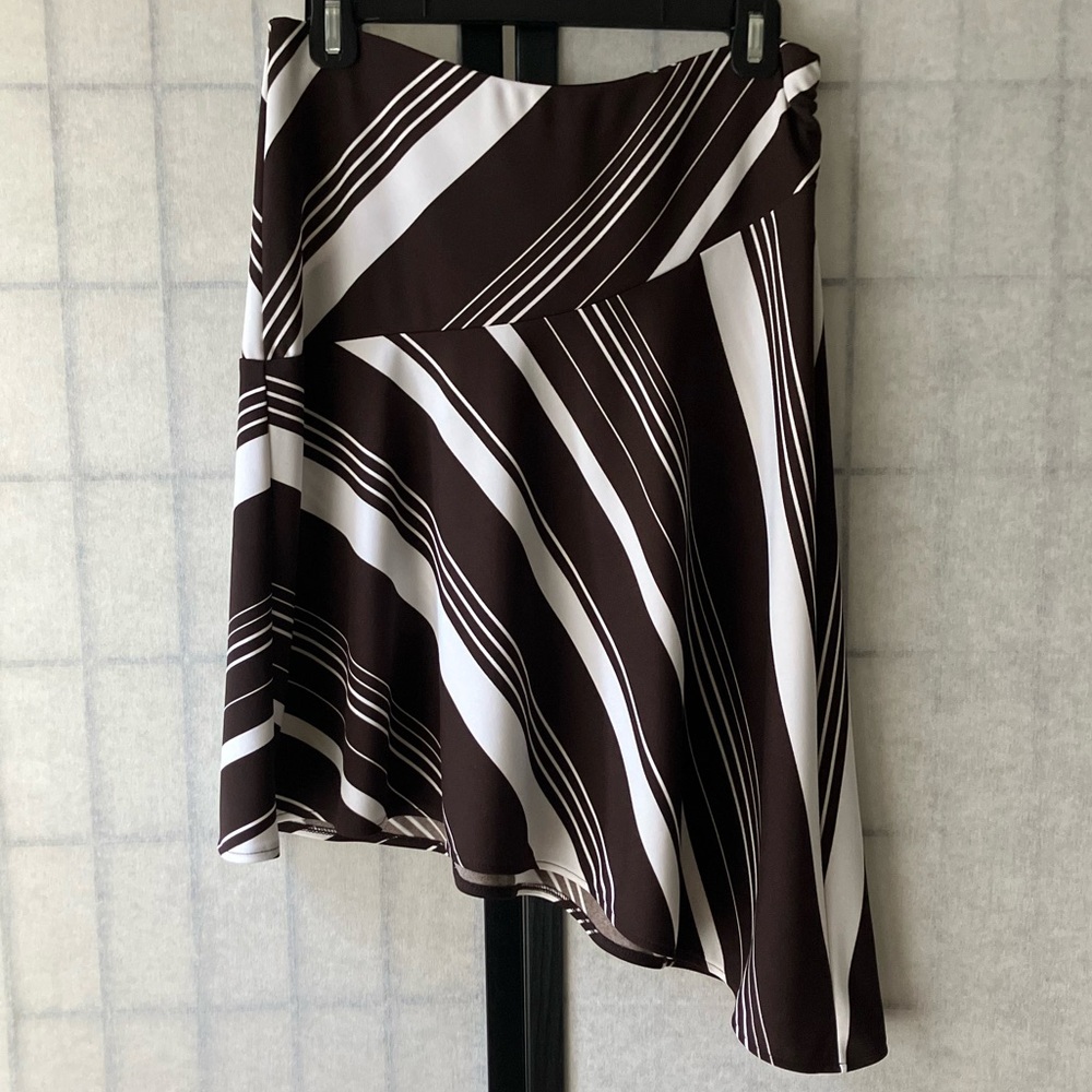 Kenneth Cole New York Asymmetric Midi Skirt Brown White Striped